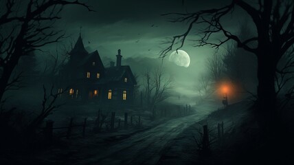 dark spooky house painting dark air halloween vint Ai generated art