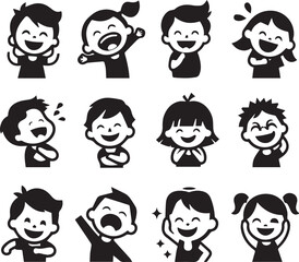 Set of silhouettes kids baby children editable vector icon in various poses
