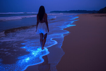 Woman walking on beach with blue bioluminescent algae, plankton in tropical ocean