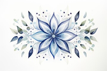  a watercolor painting of a blue flower with green leaves on the petals and petals on the petals and leaves on the petals, and on the petals, on a white background.