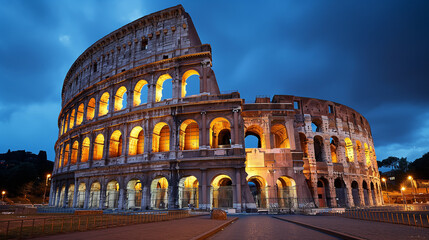 Marvel at the grandeur of Colosseum Rome under the captivating sky blue hour beautifully captured in this night photography masterpiece. Ai generated - obrazy, fototapety, plakaty
