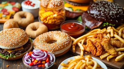 Obraz na płótnie Canvas Top view of fast food in restaurant table, Generative AI.