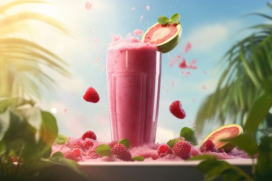  a pink smoothie in a glass surrounded by raspberries and a half of a grapefruit on a sunny day with palm trees and blue sky in the background.