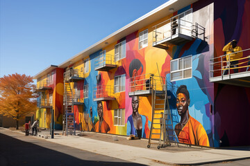 Community Unity Mural: Artists creating a mural that represents unity and diversity within a community.
