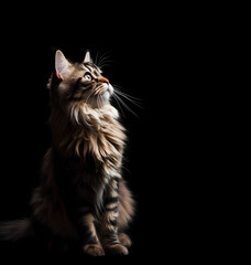 Close-up of fluffy cat looking up on a black background with copy space