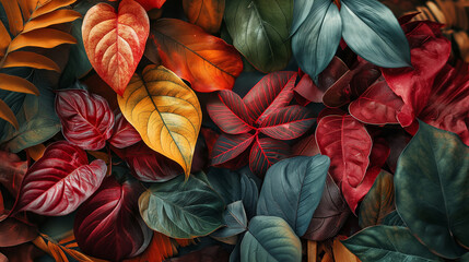 Revel in nature's palette with a close up wallpaper showcasing vibrant mixed leaves highlighting their fresh and natural beauty. Ai generated