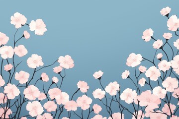  a painting of pink flowers on a blue background with a blue sky in the backgrounnd of the image is a branch with pink flowers in the foreground, and a blue sky in the background.