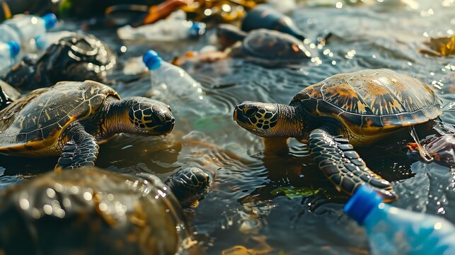 Ocean pollution with plastic and trash around turtles, problems of environmental ecology, Generative AI.