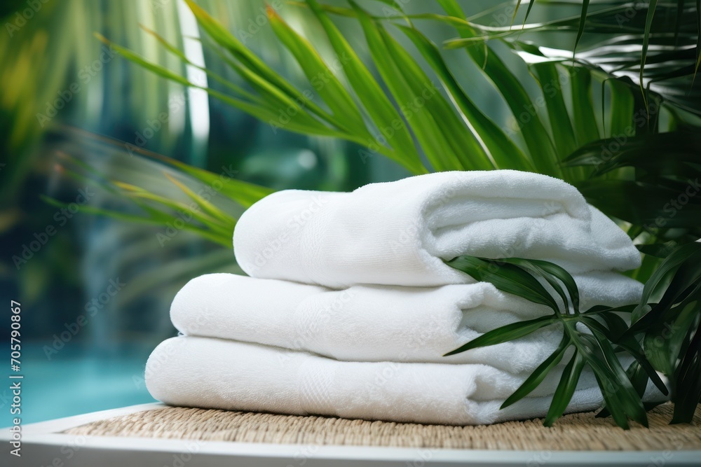 Poster a stack of folded white towels sitting on top of a table next to a palm tree and a swimming pool wit