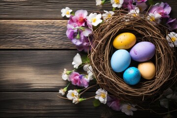Nest with colorful Easter eggs and flowers on wooden background, copy space