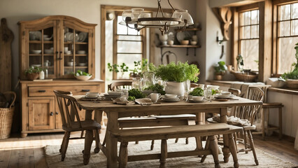 Fototapeta na wymiar a picture of your farmhouse kitchen table set for a warm and inviting meal highlight the rustic details, from weathered wood to vintage accessories 