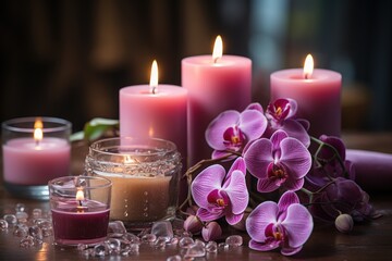 Obraz na płótnie Canvas a group of candles sitting on top of a wooden table next to a vase filled with purple flowers and a candle in the middle of the candle is surrounded by other candles.