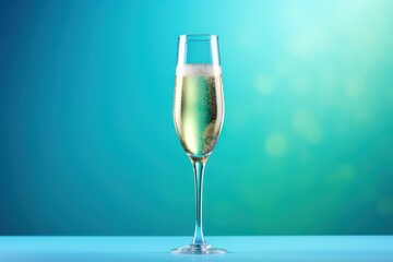  a close up of a wine glass with a liquid inside of it on a blue surface with a blurry background of a green and blue hued back ground.