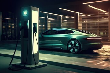 Electric car charging station on the street at night. 3d rendering, EV car charging station for electric car, AI Generated