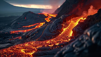 Volcanic activity and lava flows down the mountain create a terrifying and perilous scene, Generative AI.