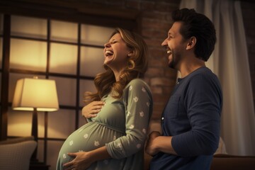 Fototapeta na wymiar Pregnant woman and her husband are laughing and hugging at home, Excited couple enjoying pregnancy, AI Generated