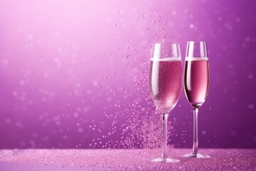  two glasses of pink champagne on a purple background with a splash of water on the glass and the glass is half filled with pink liquid and half filled with bubbles.