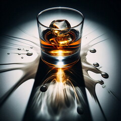 Golden Whiskey Splash in Glass with Spot of Light and Caustics