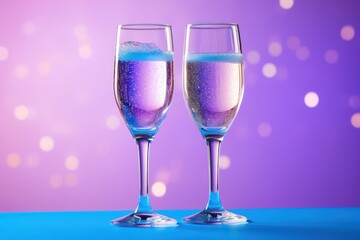  a couple of glasses filled with liquid on top of a blue table next to a purple and pink background with a blurry boke of lights in the background.