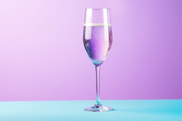  a glass filled with liquid sitting on top of a blue and purple counter top next to a pink and purple wall and a blue and purple wall behind the glass.