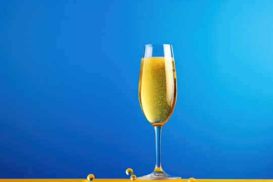  a glass of champagne sitting on top of a table next to a bottle of wine in front of a blue background with a drop of water droplets on the glass.