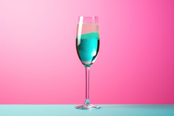  a close up of a wine glass with a liquid inside of it on a blue and pink surface with a pink back ground and a pink wall in the background.