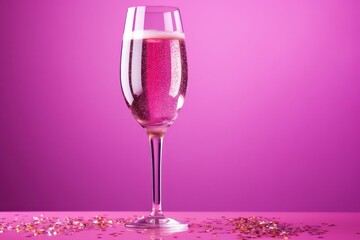  a close up of a wine glass on a table with confetti on the table and a purple background with a pink wall in the middle of the background.