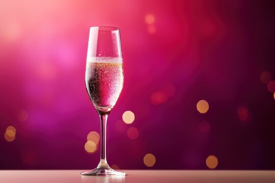  a close up of a wine glass on a table with blurry lights in the background and a pink and purple background behind the glass is half full of wine.