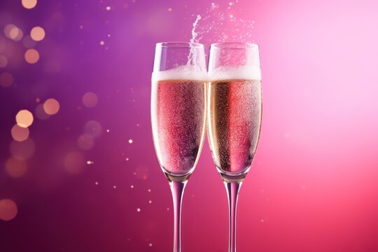  two glasses of champagne with bubbles on a pink and purple background with a blurry boke of light coming from the top of one of the two of the glasses.