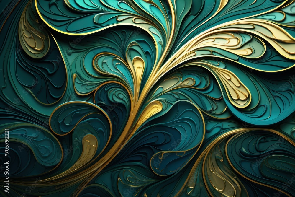 Poster a close up view of a blue and gold wallpaper with a swirly design on the bottom of the image and the