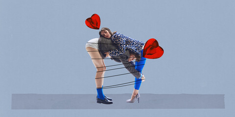 Contemporary art collage. Man and woman leaned on each other and they tied with drawn thread with...