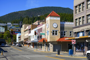 Clock tower on Front Street in downtown Ketchikan, Alaska