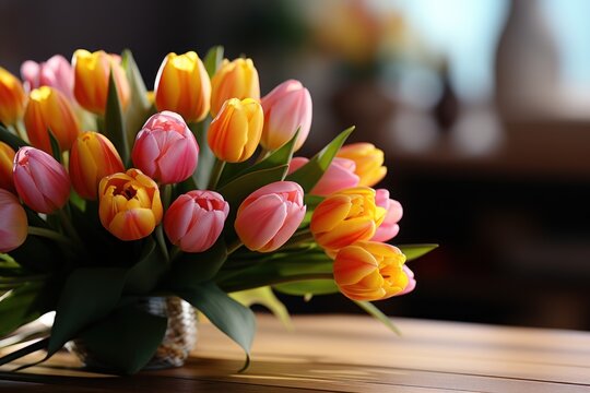  a vase filled with yellow and pink tulips sitting on top of a wooden table next to a vase filled with pink and yellow tulips sitting on top of a wooden table.