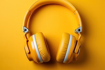 Multi-colored headphones on yellow pastel background. Minimalistic fashion music concept. Top view, copy space, Generative AI