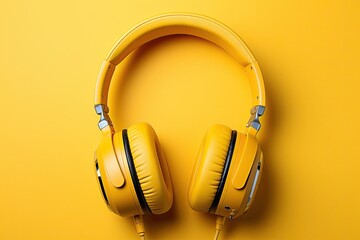 Fototapeta na wymiar Multi-colored headphones on yellow pastel background. Minimalistic fashion music concept. Top view, copy space, Generative AI