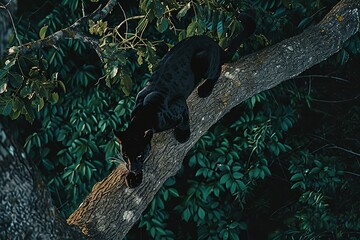 Top View Black Panther sit on tree
