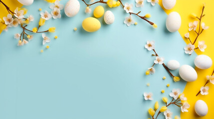 Background for text, in a neutral color, in a composition with colored and hand-painted eggs with flowers around them. Space for text.