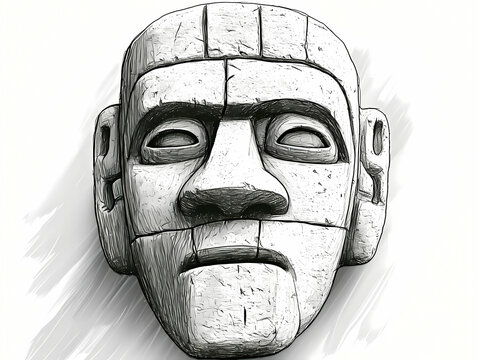 An Illustrated Piece Of Mayan Artwork, A Stone Sculpture Of A Man_S Face