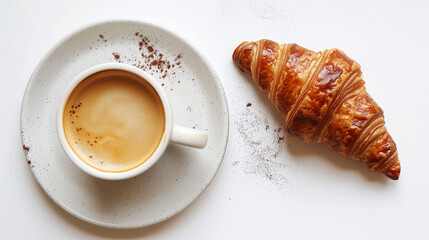design for cafe ad, coffee and croissant. restaurant or cafe menu. minimalistic. white background. horizontal