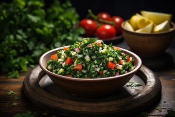  a close up of a bowl of food on a table with tomatoes, lettuce, onions, and lemon wedges next to a bowl of lemon wedges.