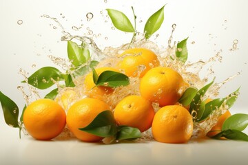  a pile of oranges with leaves and water splashing out of them on a white surface with green leaves and water splashing on the top of the oranges.