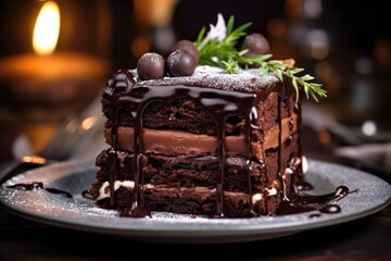  a piece of chocolate cake with chocolate icing and chocolate decorations on a plate with a lit candle in the background and a lit candle on the side of the table.