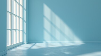 Obraz premium Empty room blue background for product presentation with shadow and light from windows.