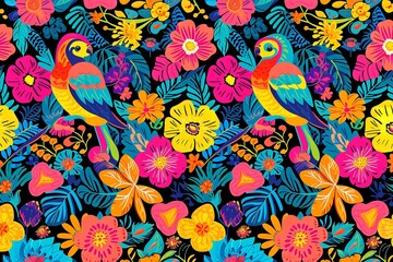 Tropical rainforests' hues and organic shapes served as idea for this seamless pattern backdrop, Generative AI.