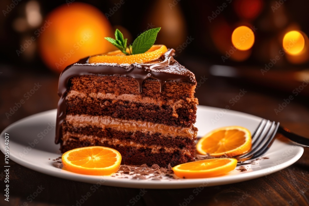 Poster a slice of cake with chocolate icing and orange slices on a plate with a fork and a glass of orange 