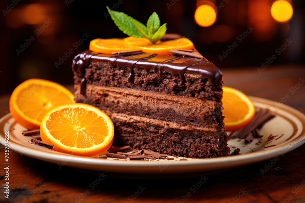 Poster a slice of chocolate cake sitting on top of a plate with orange slices on top of the cake and the re