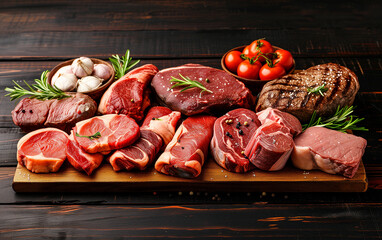 sausage, meat, beef, pork, and vegetables accurate, row of meat dishes. different types of meat products. fresh and salty