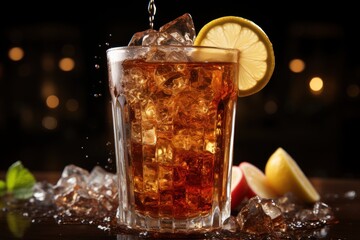  a glass of ice tea with a slice of lemon and a lime on a table with ice cubes and slices of watermelon and mint on a dark background.