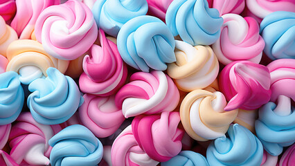 Close-up of bright colors twisted marshmallow, food background.