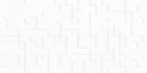 Fototapeta premium Minimal simple style interior 3d white abstract background, white square pattern with geometric squares, vintage brick wall tiles pattern, white abstract cube backdrop with geometric blocks.